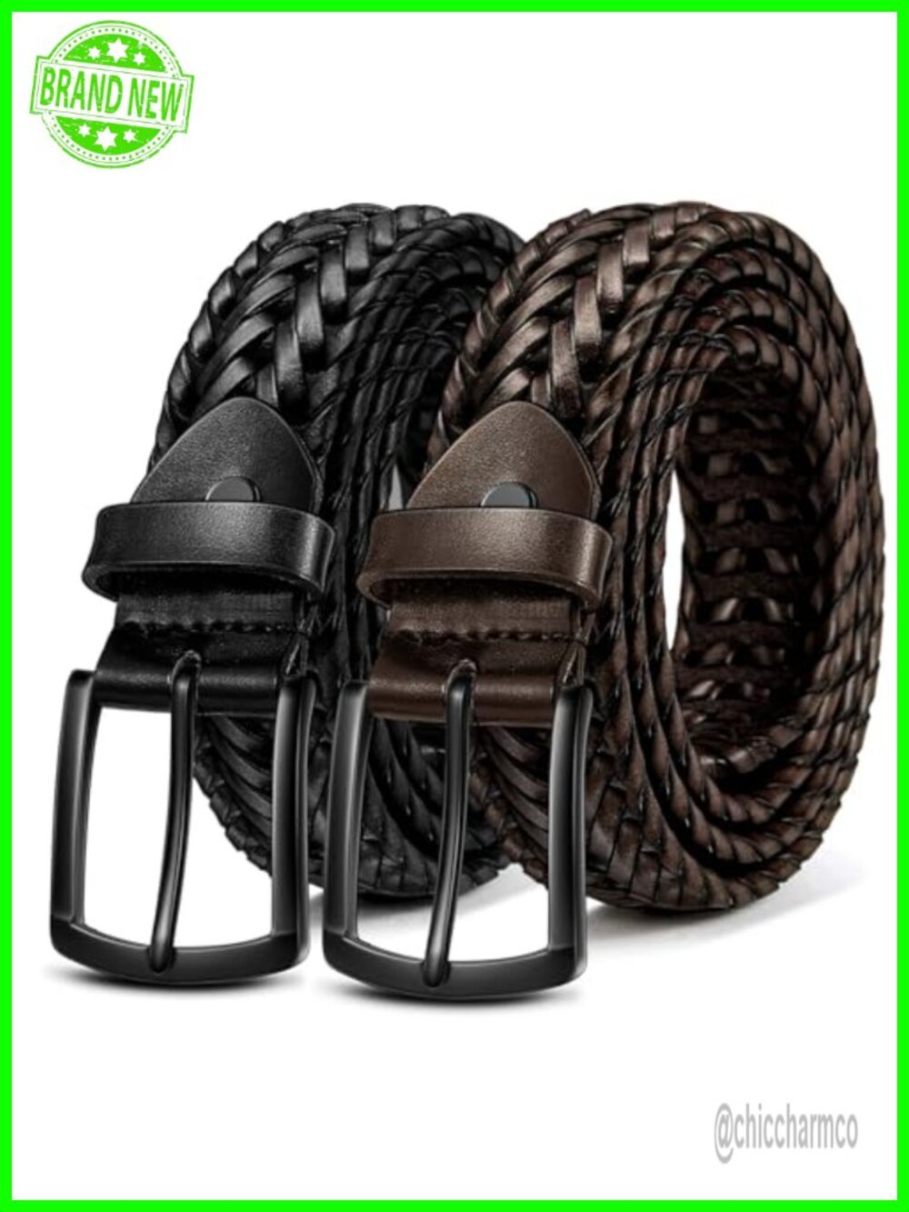 Men's Braided Woven Leather Belt 2Pack Adjustable Gift Boxed